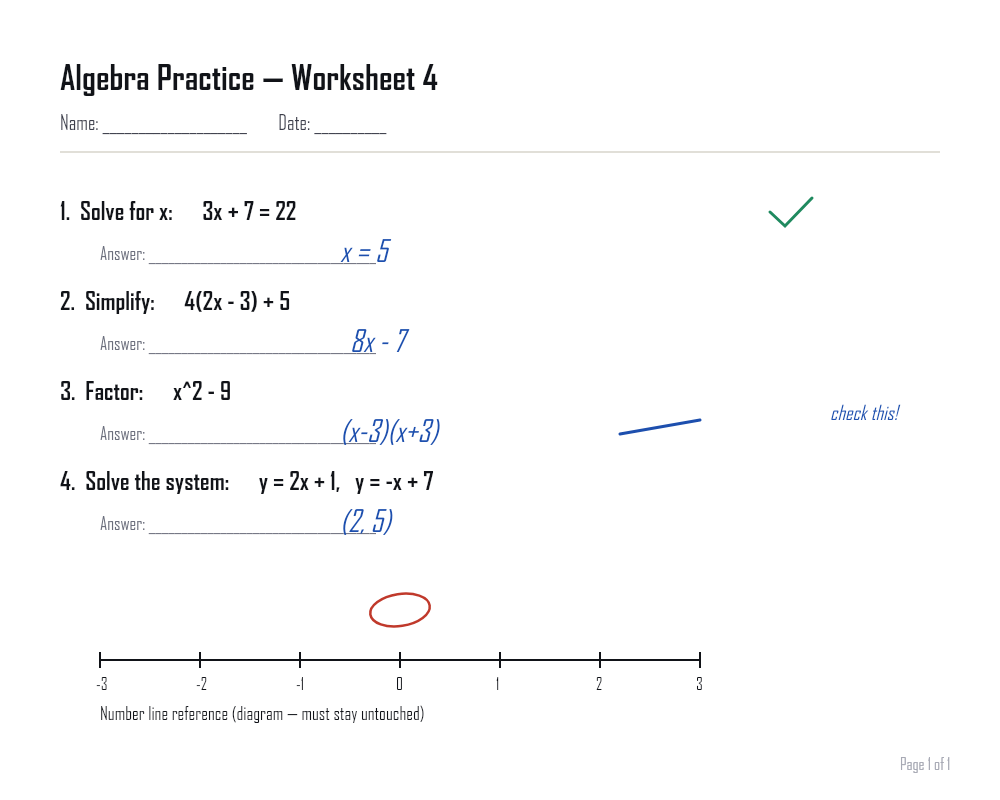 Worksheet with handwritten answers, a checkmark, and a note